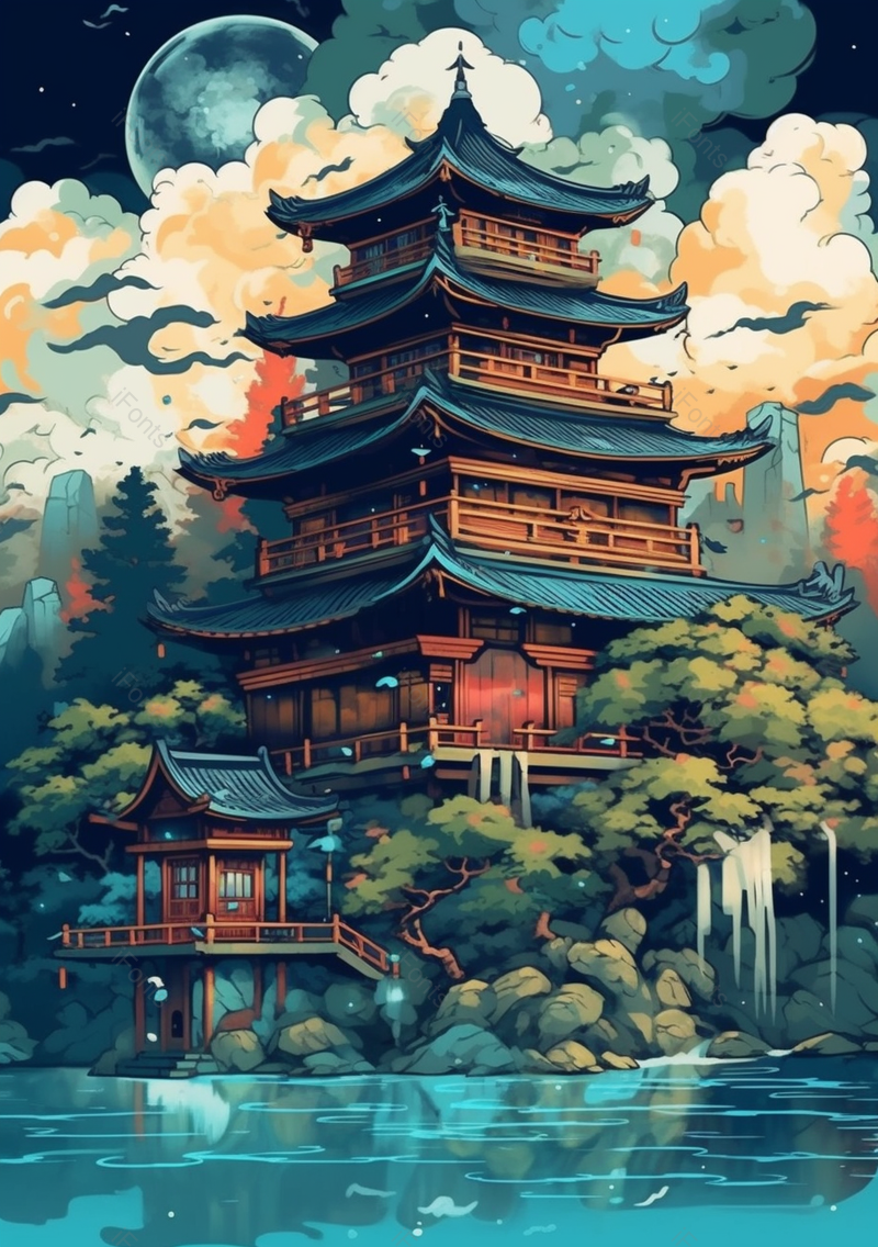 湖边上的古建筑房屋插画背景,插画/手绘图,插画/手绘图库,插画/手绘图下载,插画/手绘